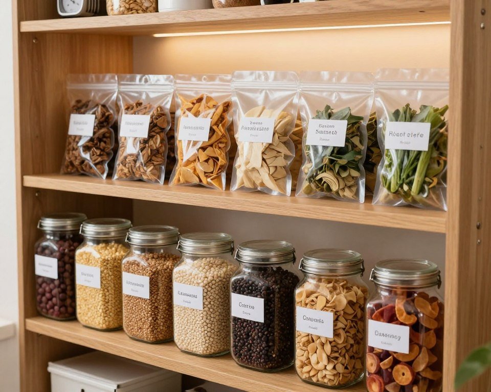 A well-organized food storage space showcasing various survival nutrition foods for long-term health. In the foreground, clear glass jars filled with grains, legumes, and dried fruits, meticulously labeled for easy identification. The middle ground features a sturdy wooden shelf stocked with vacuum-sealed packages and high-quality mylar bags containing freeze-dried meals and dehydrated vegetables. In the background, a softly lit pantry with natural wood accents, displaying temperature-controlled elements like small dehumidifiers and temperature gauges. Warm, ambient lighting highlights the textures of the food and containers, creating a safe and inviting atmosphere. Shot from a slightly elevated angle to capture the entire scene comprehensively. A serene, organized mood reflects preparation and sustainability.