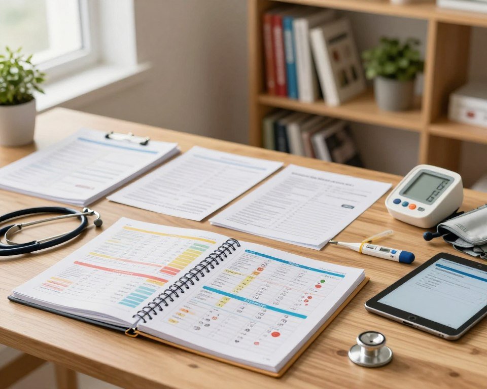 A well-organized workspace featuring symptom assessment charts and health records prominently displayed on a wooden desk. In the foreground, an open binder filled with colorful charts depicting various health symptoms, alongside a stethoscope and a digital tablet showing a health app. In the middle, a soft-focus view of neatly arranged health records and a few essential medical tools like a thermometer and a blood pressure monitor. In the background, a bookshelf filled with health-related books and a potted plant adding a touch of life. Warm, natural lighting pours in from a window, creating a calm and inviting atmosphere. The angle is slightly tilted downwards, capturing the desk’s details while providing context of the surrounding space. A well-organized workspace featuring symptom assessment charts and health records prominently displayed on a wooden desk. In the foreground, an open binder filled with colorful charts depicting various health symptoms, alongside a stethoscope and a digital tablet showing a health app. In the middle, a soft-focus view of neatly arranged health records and a few essential medical tools like a thermometer and a blood pressure monitor. In the background, a bookshelf filled with health-related books and a potted plant adding a touch of life. Warm, natural lighting pours in from a window, creating a calm and inviting atmosphere. The angle is slightly tilted downwards, capturing the desk’s details while providing context of the surrounding space.
