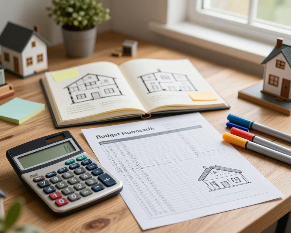 A well-organized workspace featuring tiny house budget planning materials, arranged on a wooden desk. In the foreground, a detailed calculator, colorful markers, and sheets of graph paper filled with budget calculations and tiny house designs. The middle layer displays open notebooks with hand-drawn floor plans and sticky notes highlighting key budgeting points. In the background, there’s a soft, diffused light coming from a nearby window, illuminating a cozy, inviting atmosphere. The scene is styled to evoke inspiration and focus, with a blurred view of house plants and architectural tools subtly visible, enhancing the creative vibe. The overall mood is productive and encouraging, ideal for anyone embarking on their tiny house journey.