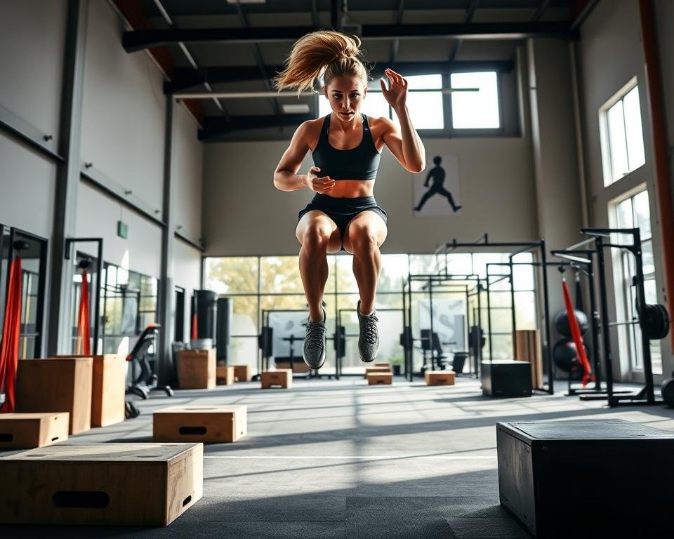 An elite athletic training facility showcasing advanced vertical jump training methods. In the foreground, a focused female athlete in modest athletic gear, captured mid-jump, demonstrating explosive power. Her form reveals perfect technique, highlighting her muscle definition and determination. In the middle ground, various training tools are visible: plyometric boxes, resistance bands, and a jump training harness, arranged in an organized manner. In the background, high-tech gym equipment and large windows allow natural light to flood the space, creating an atmosphere of energy and ambition. The lighting is bright yet soft, emphasizing the athlete's movement and the dynamic environment. The image is captured from a low angle to accentuate the height of the jump and the sense of action, evoking excitement and motivation for viewers. An elite athletic training facility showcasing advanced vertical jump training methods. In the foreground, a focused female athlete in modest athletic gear, captured mid-jump, demonstrating explosive power. Her form reveals perfect technique, highlighting her muscle definition and determination. In the middle ground, various training tools are visible: plyometric boxes, resistance bands, and a jump training harness, arranged in an organized manner. In the background, high-tech gym equipment and large windows allow natural light to flood the space, creating an atmosphere of energy and ambition. The lighting is bright yet soft, emphasizing the athlete's movement and the dynamic environment. The image is captured from a low angle to accentuate the height of the jump and the sense of action, evoking excitement and motivation for viewers.