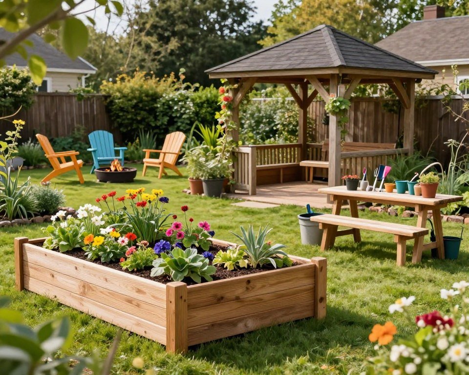 An inviting outdoor garden scene featuring a variety of large DIY projects. In the foreground, a beautifully crafted wooden raised garden bed filled with vibrant flowers and vegetables, next to a stylish potting bench with gardening tools. The middle section showcases a rustic wooden gazebo adorned with climbing plants, creating a cozy space for relaxation. In the background, a serene lawn area with colorful garden chairs and a fire pit, surrounded by lush greenery and trees. The atmosphere is bright and cheerful, illuminated by soft, warm sunlight, giving a sense of tranquility. The image is taken from a slightly elevated angle to capture the depth of the garden while maintaining a sharp focus on the DIY projects, bringing the beauty of outdoor creativity to life.
