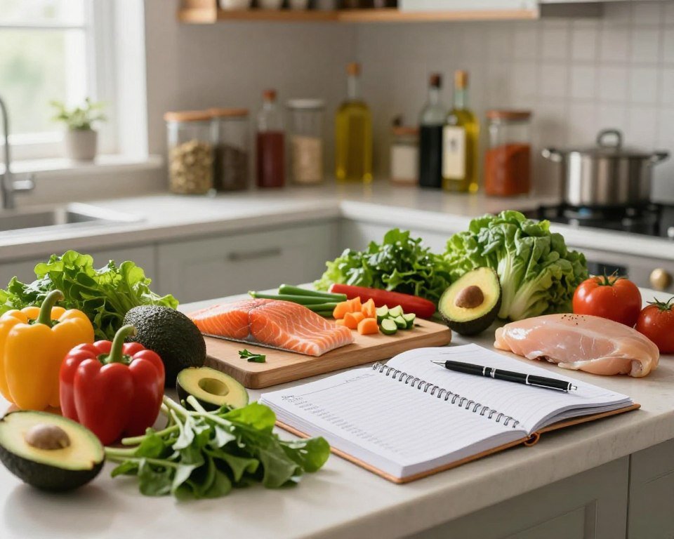 An organized kitchen countertop featuring a variety of fresh keto ingredients thoughtfully arranged for meal preparation. In the foreground, there are colorful vegetables like bell peppers, avocados, and leafy greens alongside protein options such as salmon fillets and chicken breasts. In the middle, a cutting board is visible with chopped ingredients, and a meal planner notebook opened with a pen nearby, emphasizing the planning aspect. The background showcases shelves filled with spices, oils, and storage containers, creating a homely atmosphere. Soft, natural lighting streams in from a nearby window, enhancing the freshness of the ingredients. The overall mood is warm and inviting, ideal for beginners embarking on their keto journey.