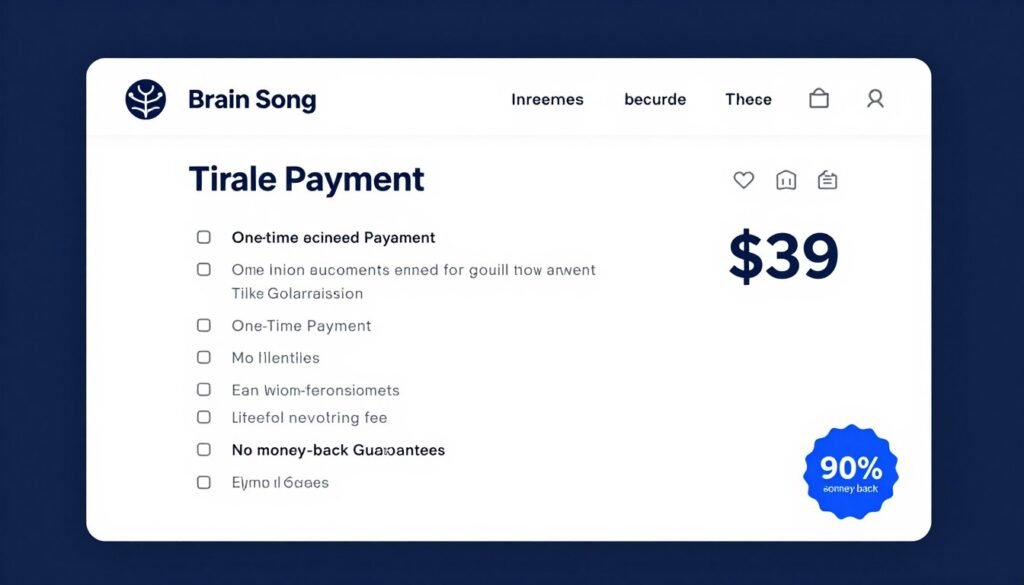 Brain Song pricing page showing one-time payment option and guarantee Brain Song pricing page showing one-time payment option and guarantee