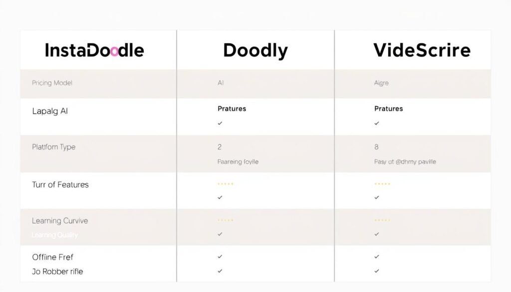 Comparison chart showing InstaDoodle vs Doodly vs VideoScribe features and pricing Comparison chart showing InstaDoodle vs Doodly vs VideoScribe features and pricing