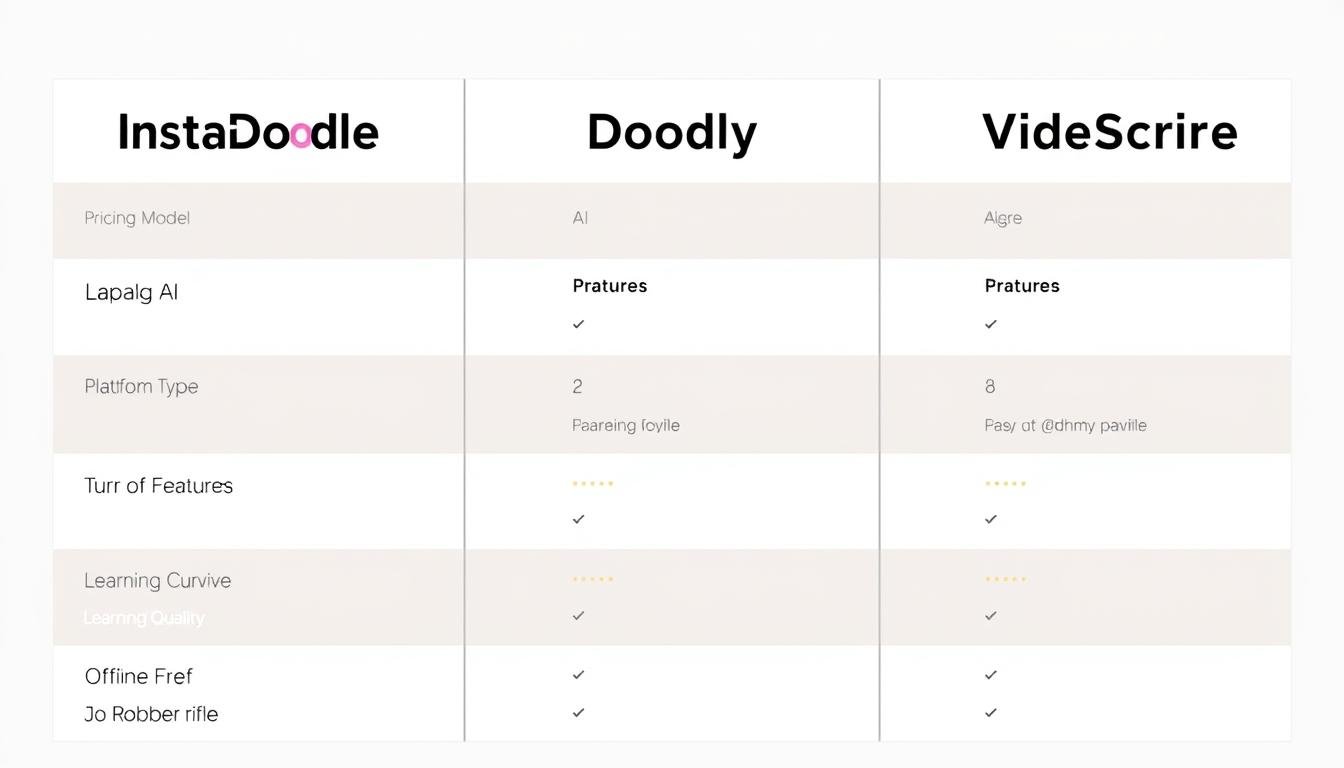 Comparison chart showing InstaDoodle vs Doodly vs VideoScribe features and pricing
