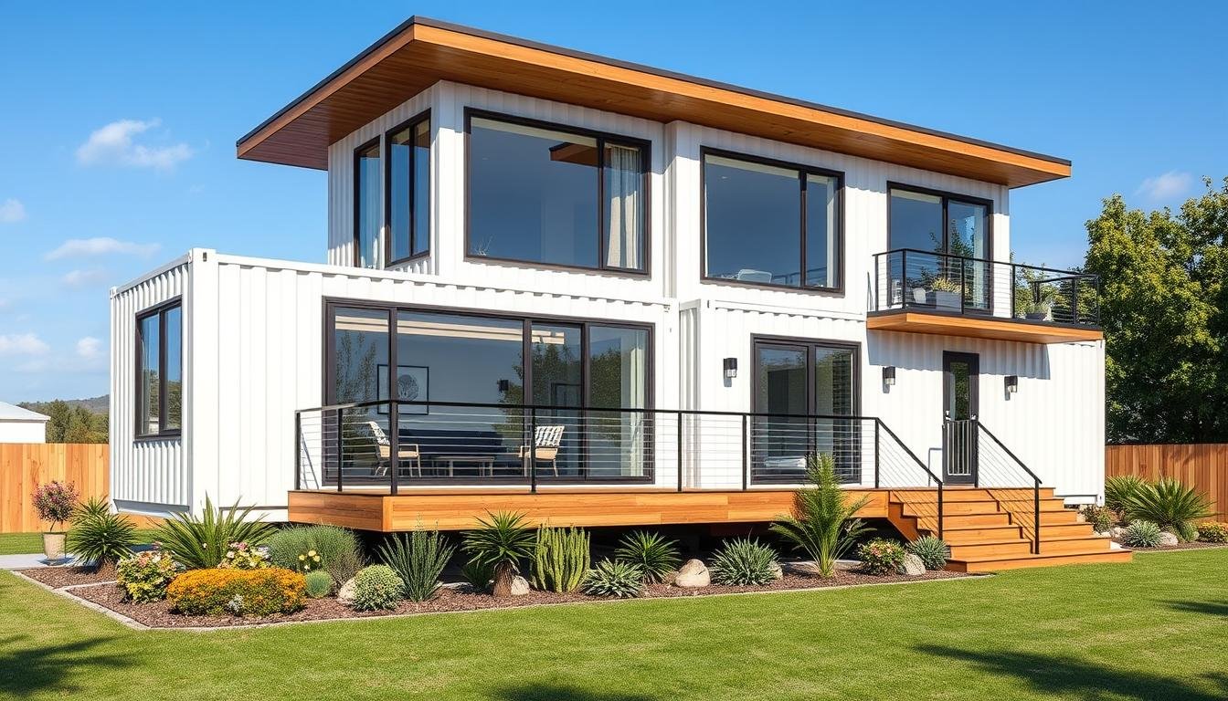 Completed container home built using the plans showing modern design and quality construction
