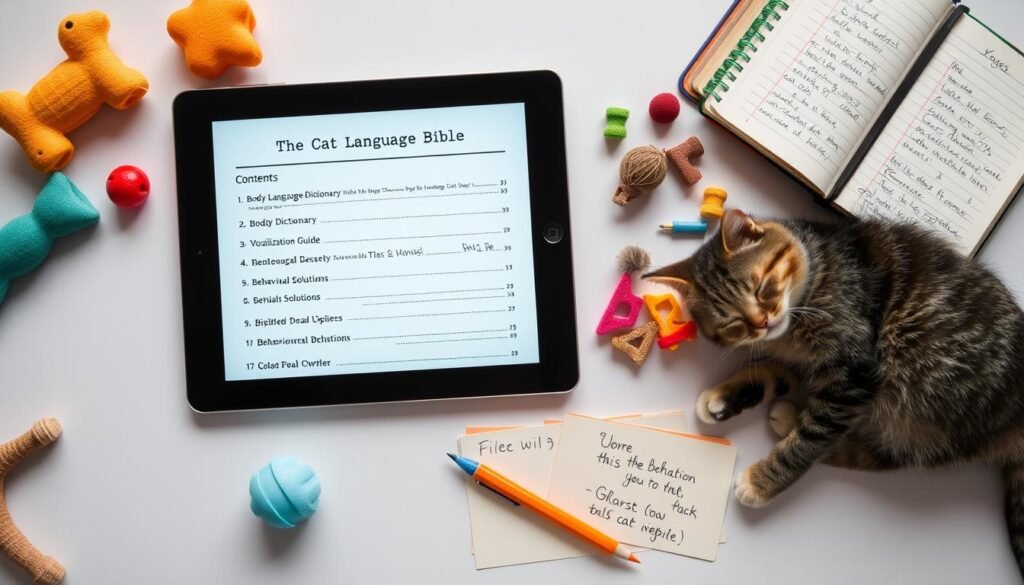 Components of the Cat Language Bible program showing how to speak cat through various guides and resources Components of the Cat Language Bible program showing how to speak cat through various guides and resources