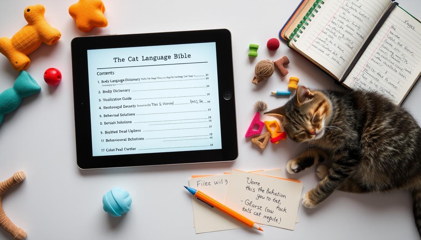 Components of the Cat Language Bible program showing how to speak cat through various guides and resources