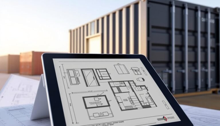 Container home plans showing detailed blueprints and 3D renderings of a shipping container home design