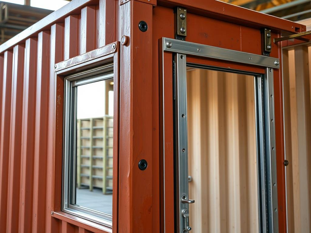 Container modification process showing cutting and reinforcement of window and door openings Container modification process showing cutting and reinforcement of window and door openings