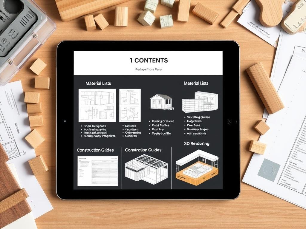 Contents of container home plans package showing blueprints, material lists, and construction guides Contents of container home plans package showing blueprints, material lists, and construction guides