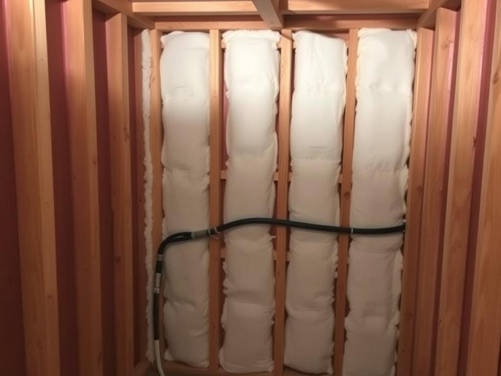 Insulation installation in a container home showing spray foam application between metal studs Insulation installation in a container home showing spray foam application between metal studs