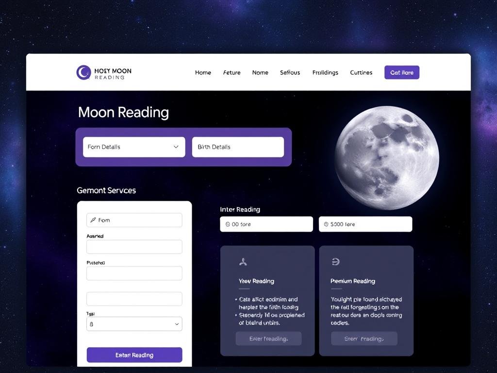 Moon Reading website homepage showing the service's main features and lunar analysis options Moon Reading website homepage showing the service's main features and lunar analysis options