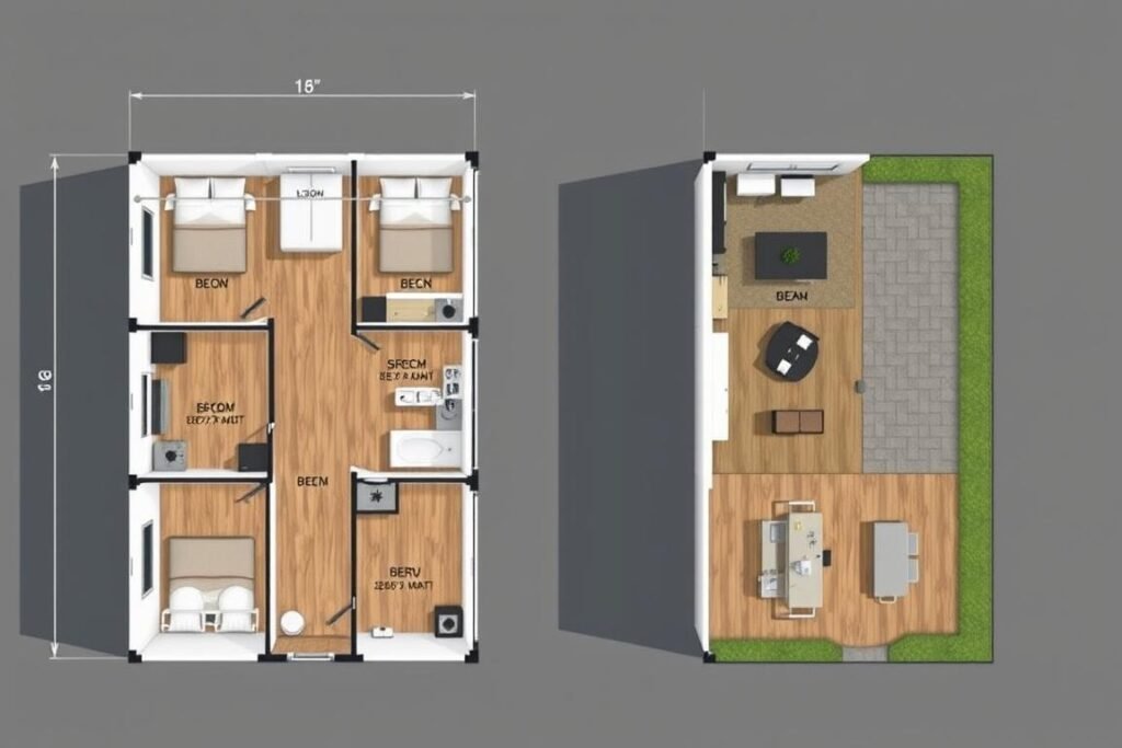 Multi-container family home design showing L-shaped layout with private courtyard Multi-container family home design showing L-shaped layout with private courtyard