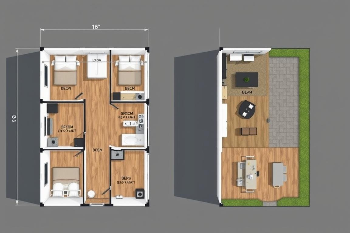 Multi-container family home design showing L-shaped layout with private courtyard