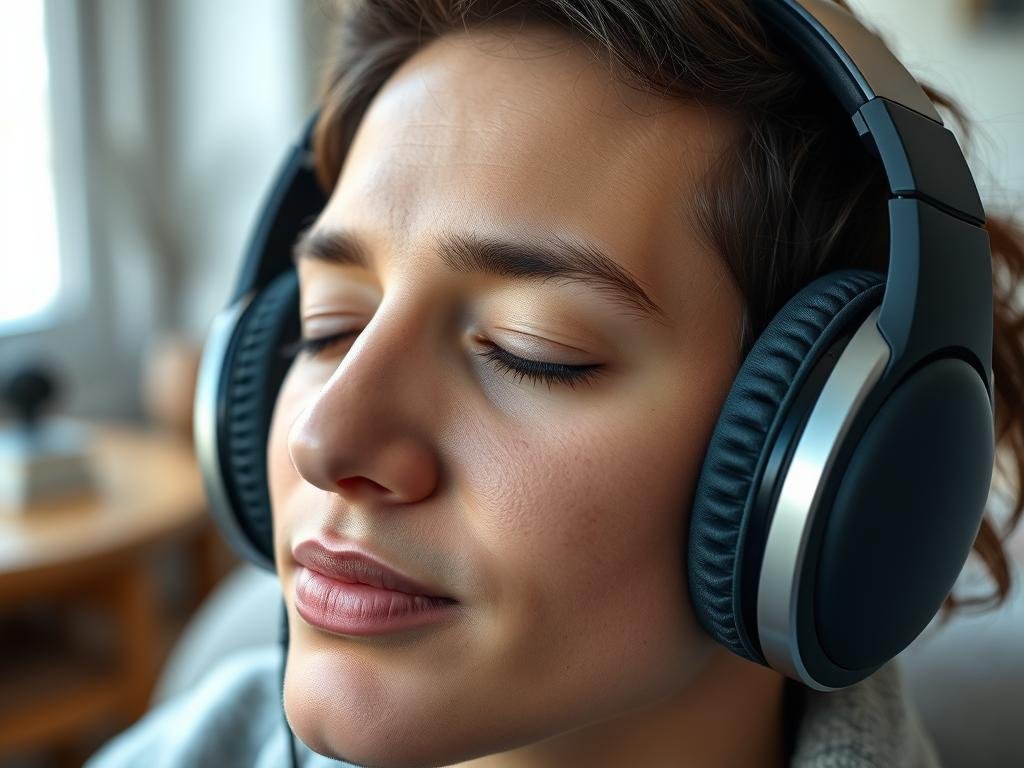 Person listening to Billionaire Brain Wave with headphones showing relaxed state Person listening to Billionaire Brain Wave with headphones showing relaxed state