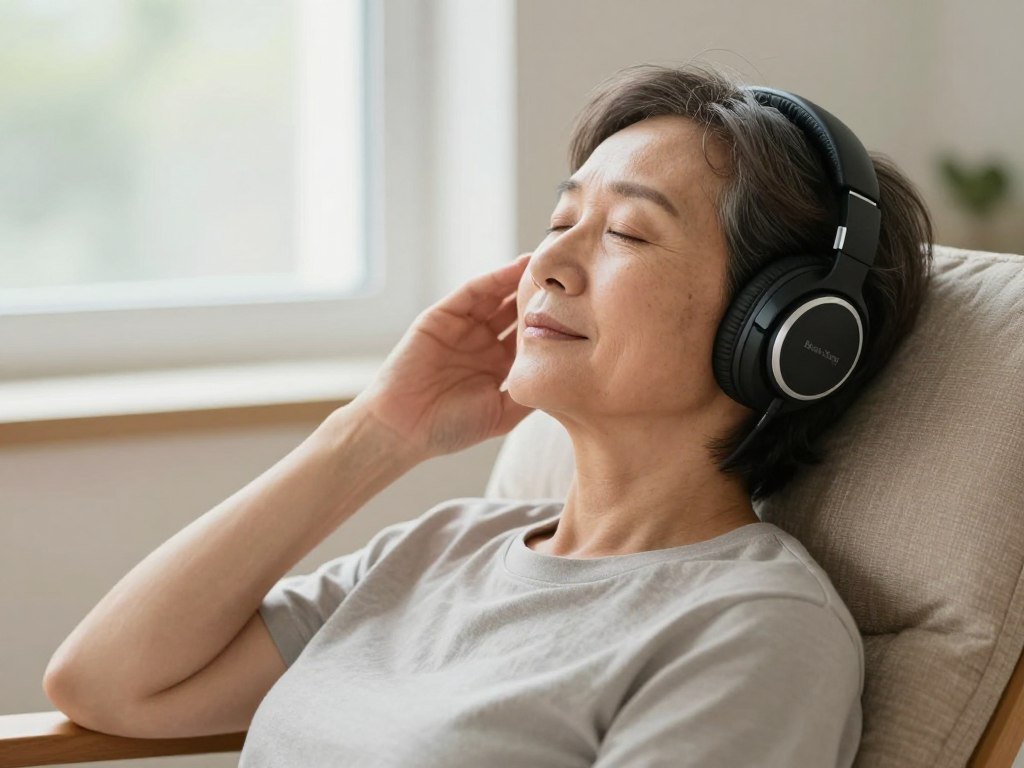 Person relaxing in a comfortable chair using Brain Song with headphones Person relaxing in a comfortable chair using Brain Song with headphones