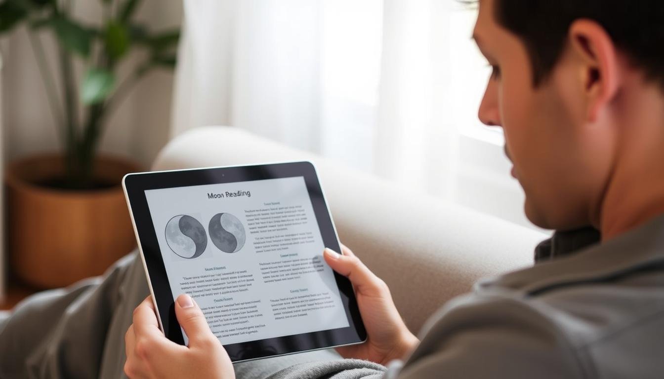 Person reviewing their Moon Reading report on a tablet with contemplative expression