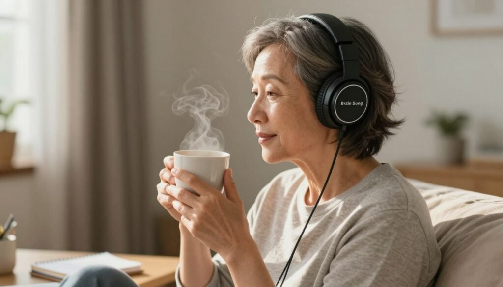 Person using Brain Song as part of their morning routine with coffee Person using Brain Song as part of their morning routine with coffee