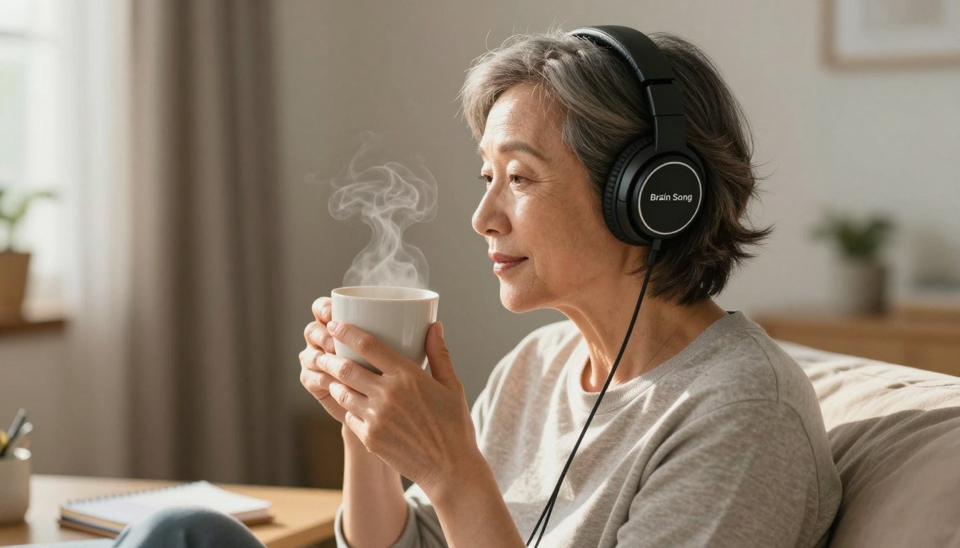 Person using Brain Song as part of their morning routine with coffee