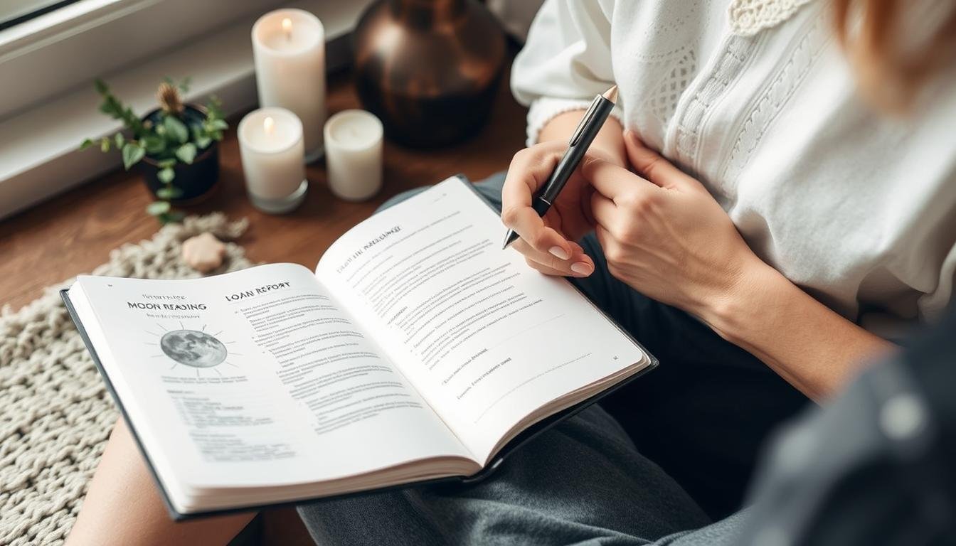 Person using Moon Reading insights for self-reflection and journaling