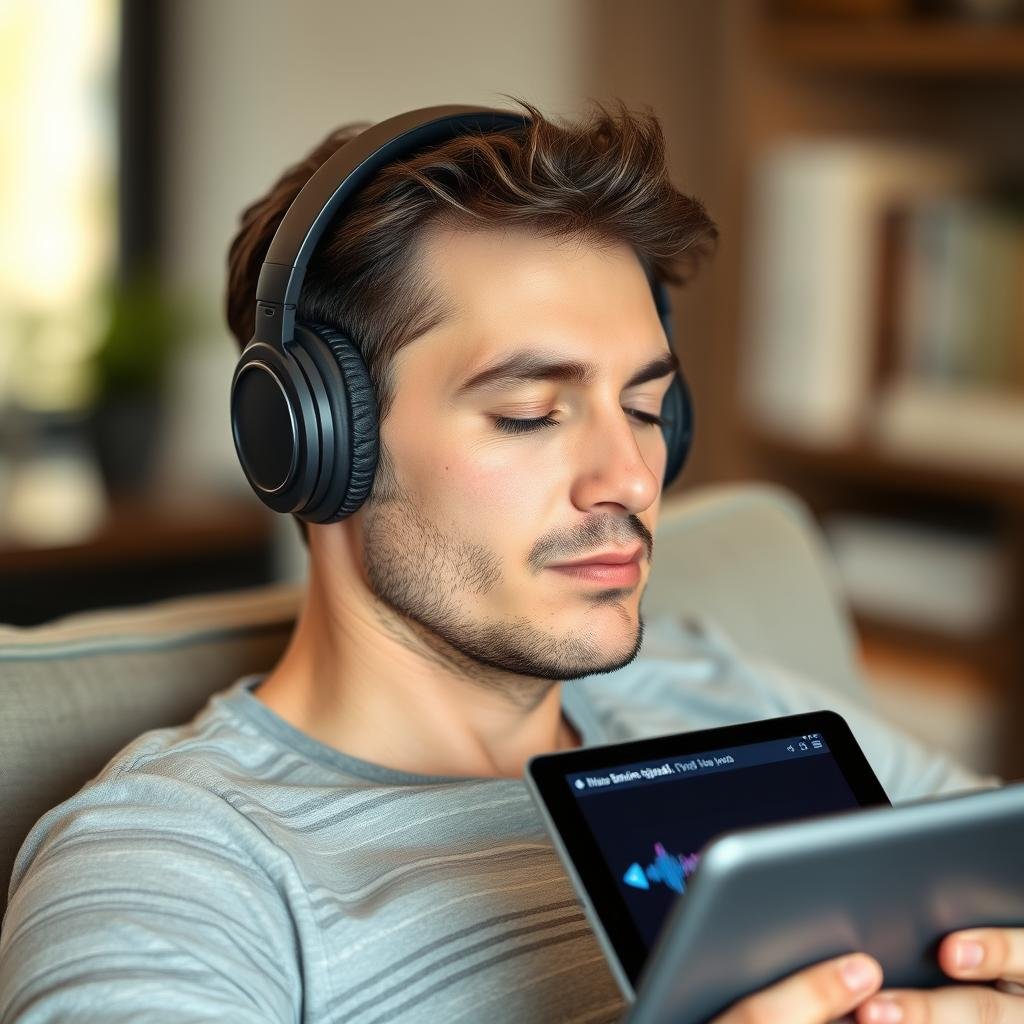 Person using headphones with Genius Brain Signal for brainwave entrainment Person using headphones with Genius Brain Signal for brainwave entrainment