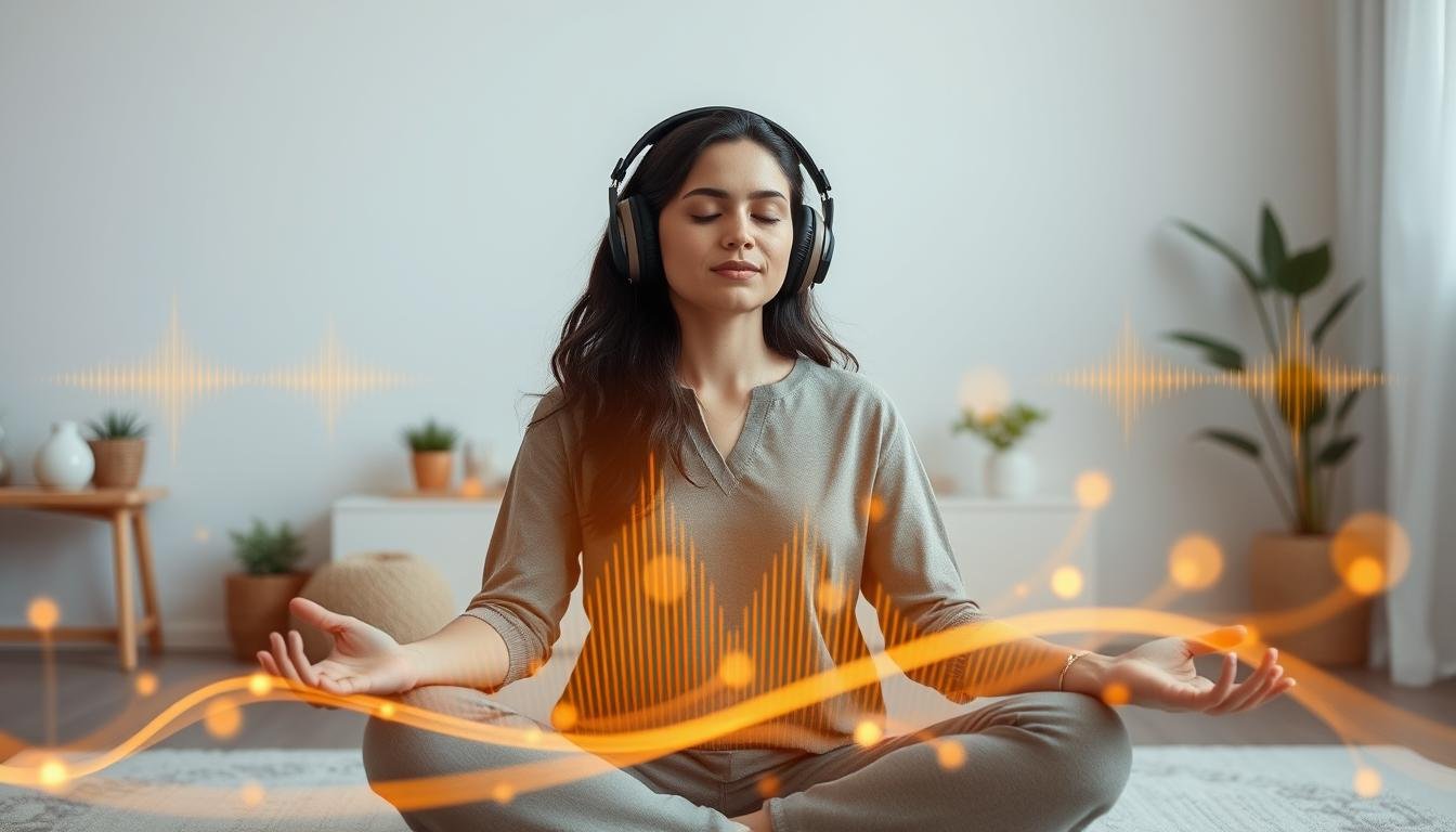 Person wearing headphones listening to attract money frequency audio in a relaxed setting