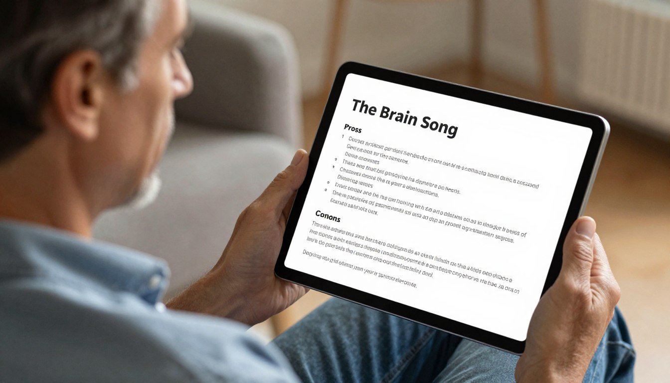 Person weighing the pros and cons of Brain Song program before making a decision