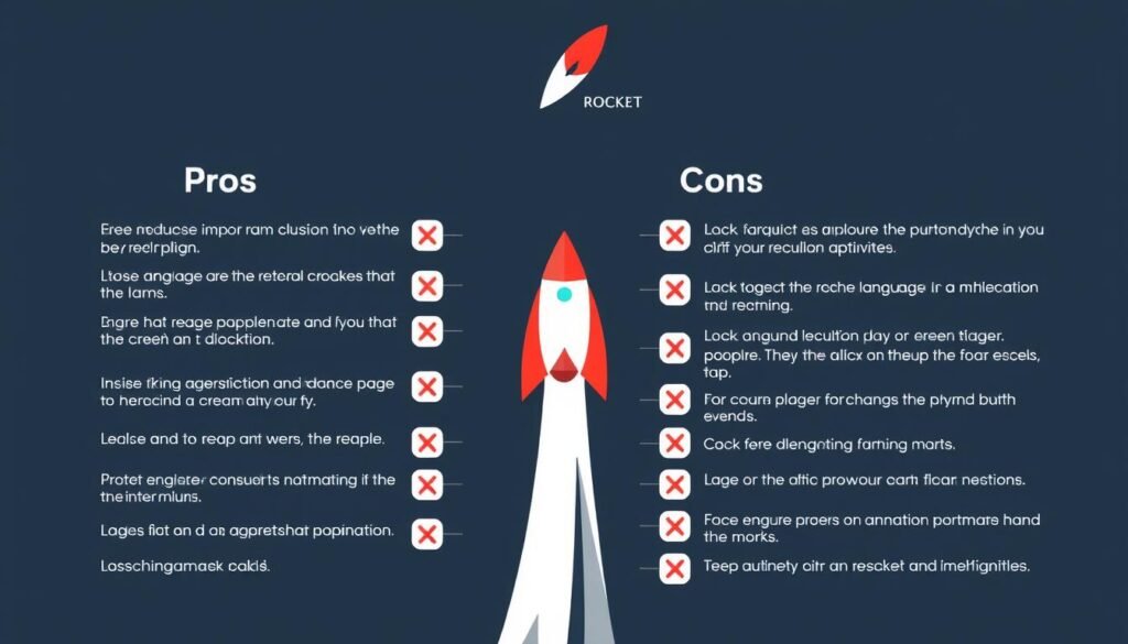 Pros and cons of Rocket Languages visualized with checkmarks and x-marks Pros and cons of Rocket Languages visualized with checkmarks and x-marks