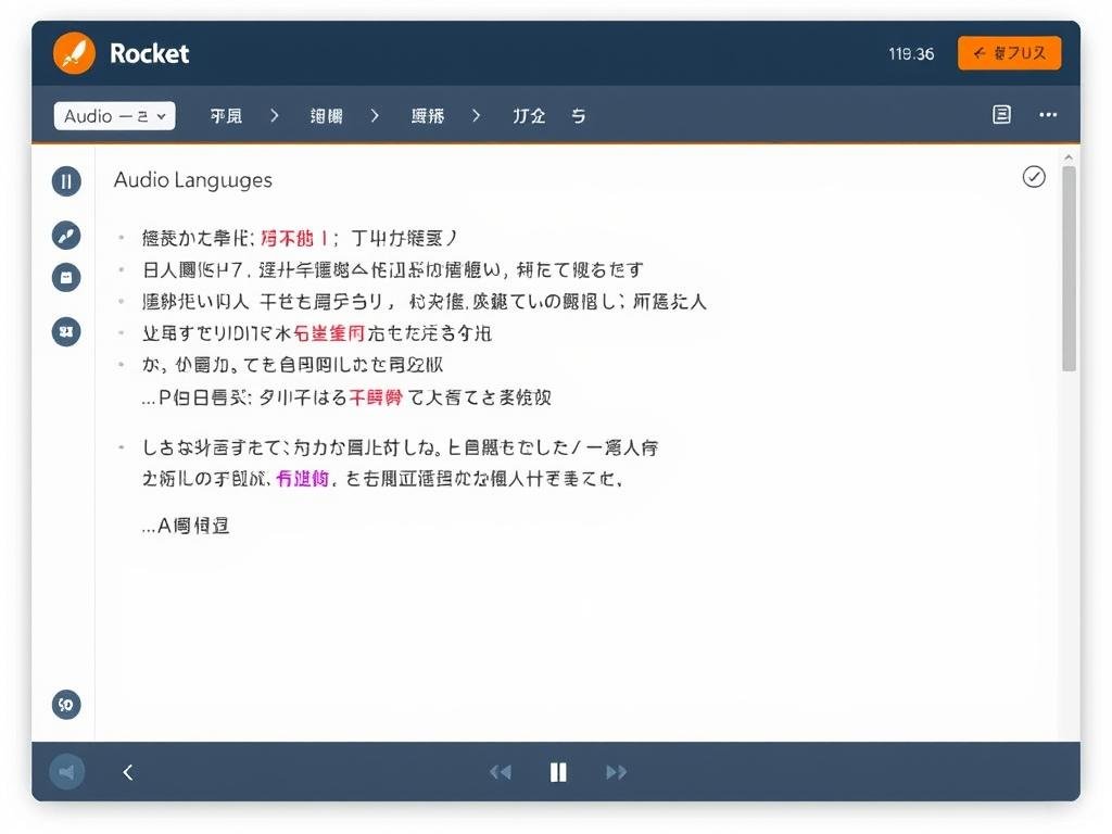 Rocket Languages interactive audio lesson interface with conversation transcript Rocket Languages interactive audio lesson interface with conversation transcript