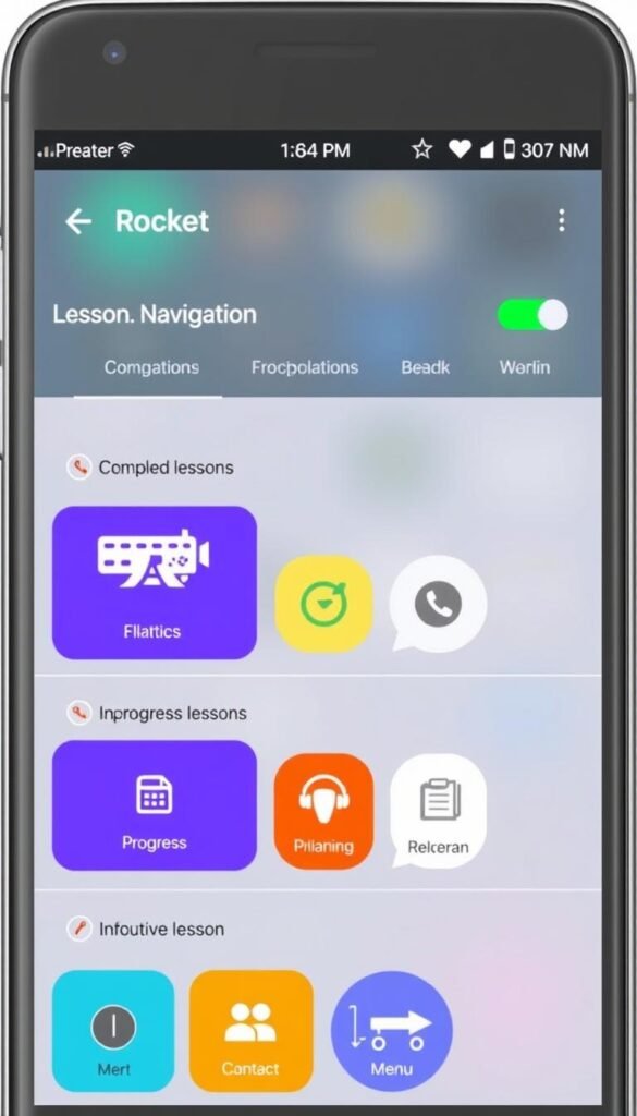 Rocket Languages mobile app interface showing lesson navigation Rocket Languages mobile app interface showing lesson navigation