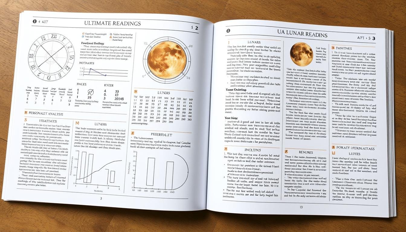 Sample pages from the Ultimate Astrology Reading report showing detailed lunar analysis