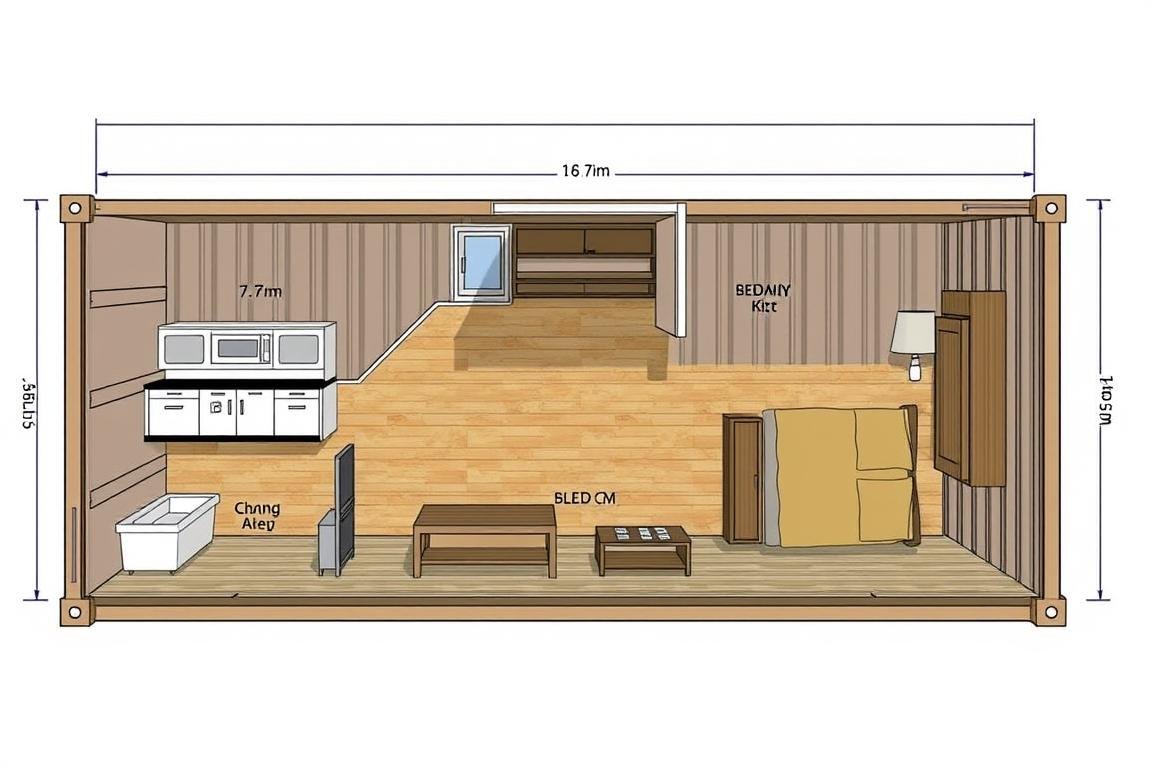 Single container tiny home floor plan showing efficient use of space in a 40-foot container