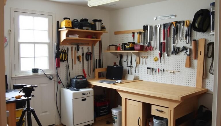 Small shop woodworking setup with efficient tool organization and storage solutions from UltimateSmallShop