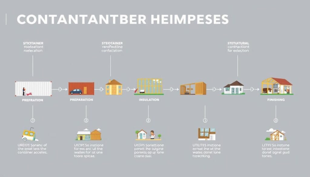 Step-by-step container home building process showing key phases from container selection to finished home Step-by-step container home building process showing key phases from container selection to finished home