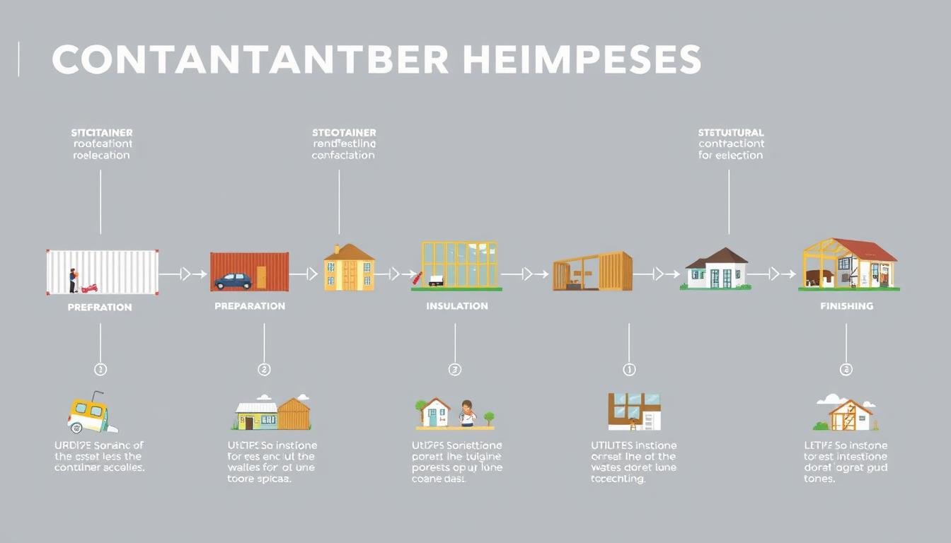 Step-by-step container home building process showing key phases from container selection to finished home
