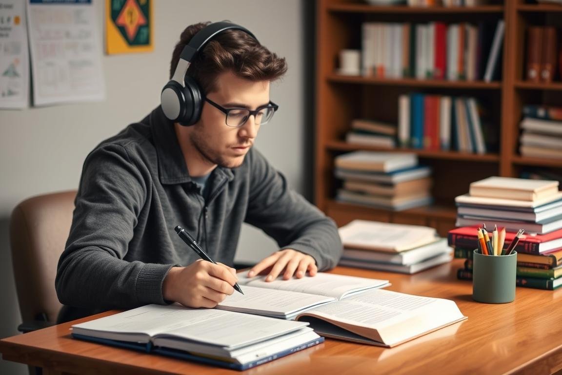 Student using brainwave entrainment while studying