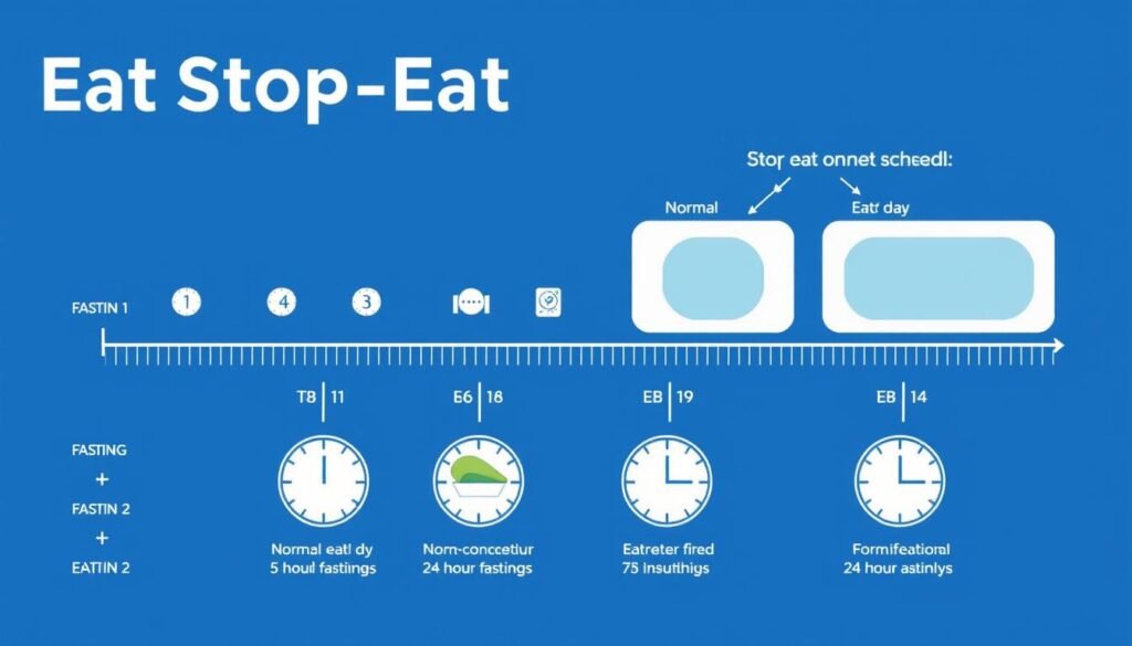 Visual explanation of the Eat Stop Eat fasting protocol showing a weekly schedule