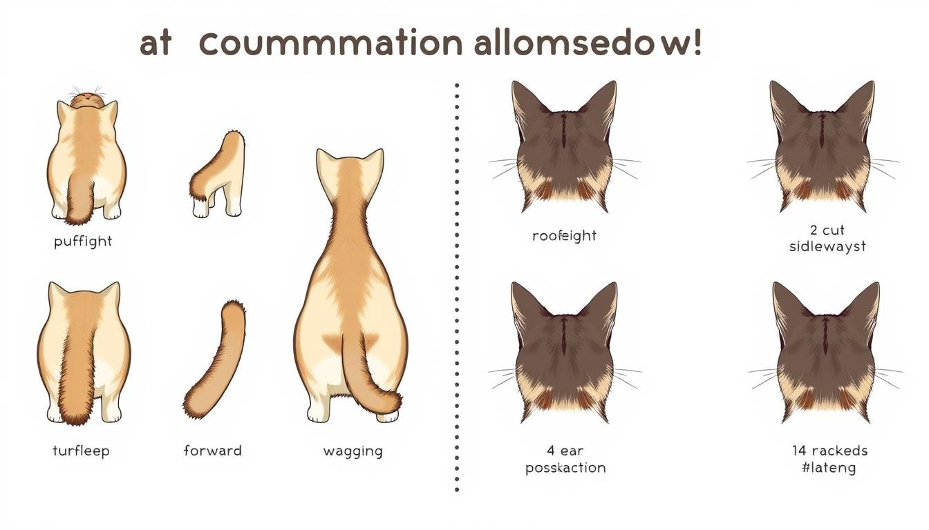 Visual guide showing different cat tail positions and ear positions to help understand how to speak cat