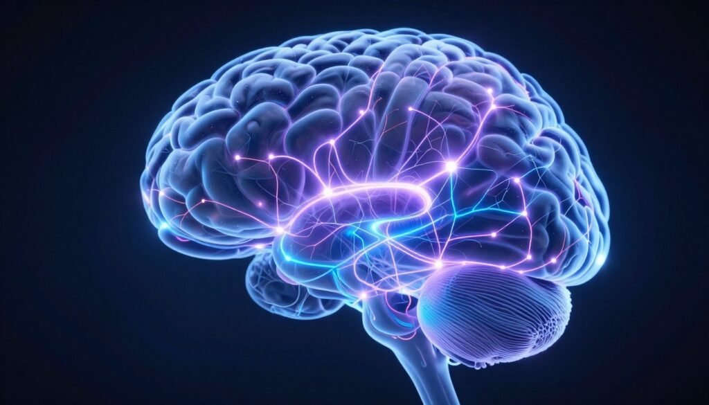 Visual representation of brain neuroplasticity with neural connections lighting up Visual representation of brain neuroplasticity with neural connections lighting up
