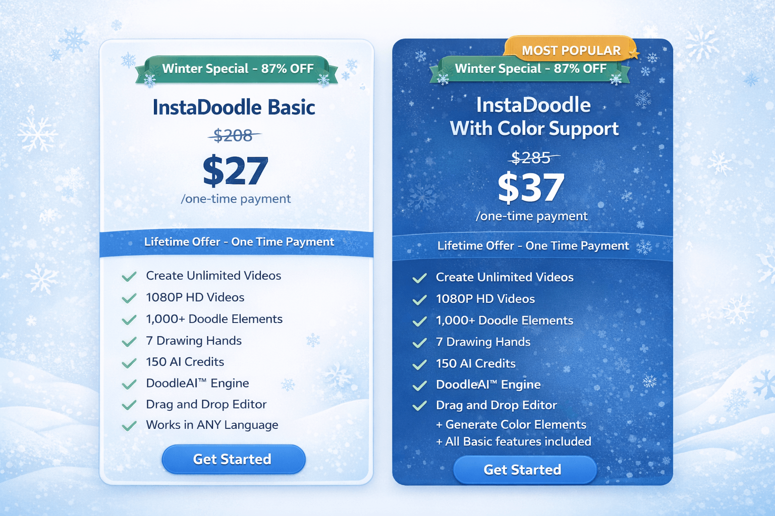 InstaDoodle pricing plans comparison showing Basic, Pro, and AI Wizards options