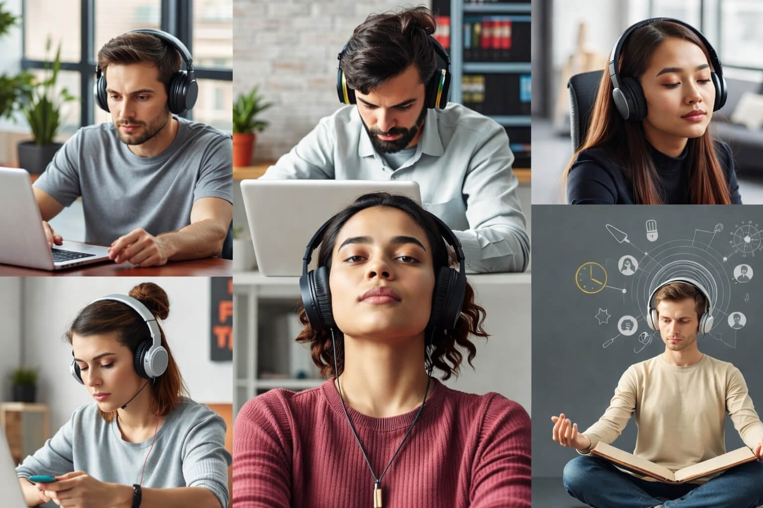 People using brainwave entrainment in different real-world scenarios