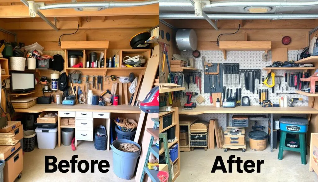 Before and after transformation of a small woodworking shop using UltimateSmallShop strategies