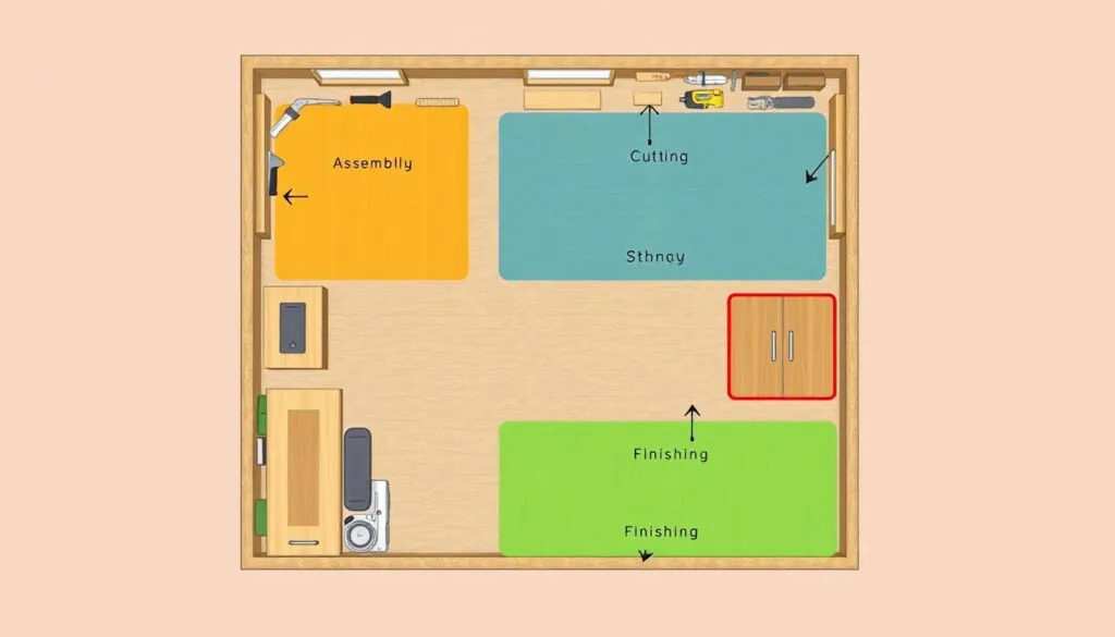 Optimized small shop woodworking layout showing efficient workflow zones