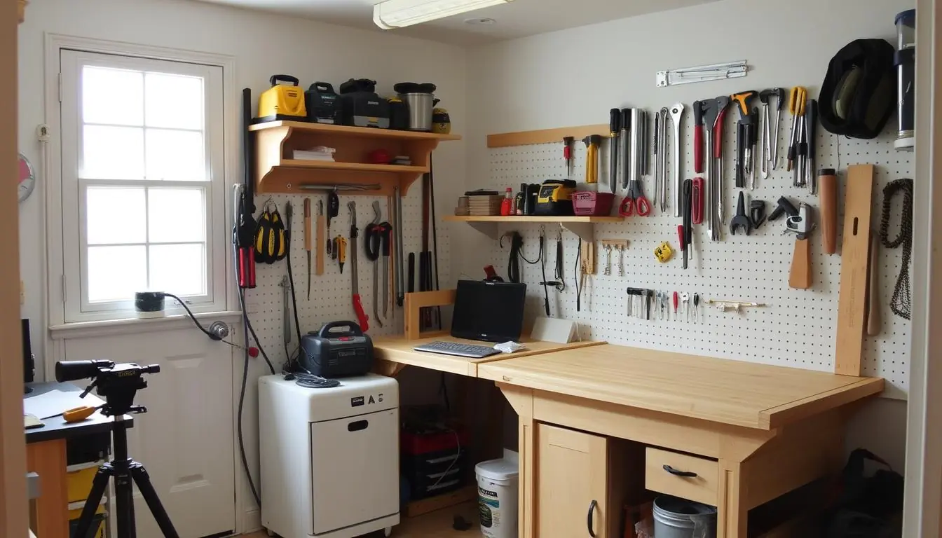 Small shop woodworking setup with efficient tool organization and storage solutions