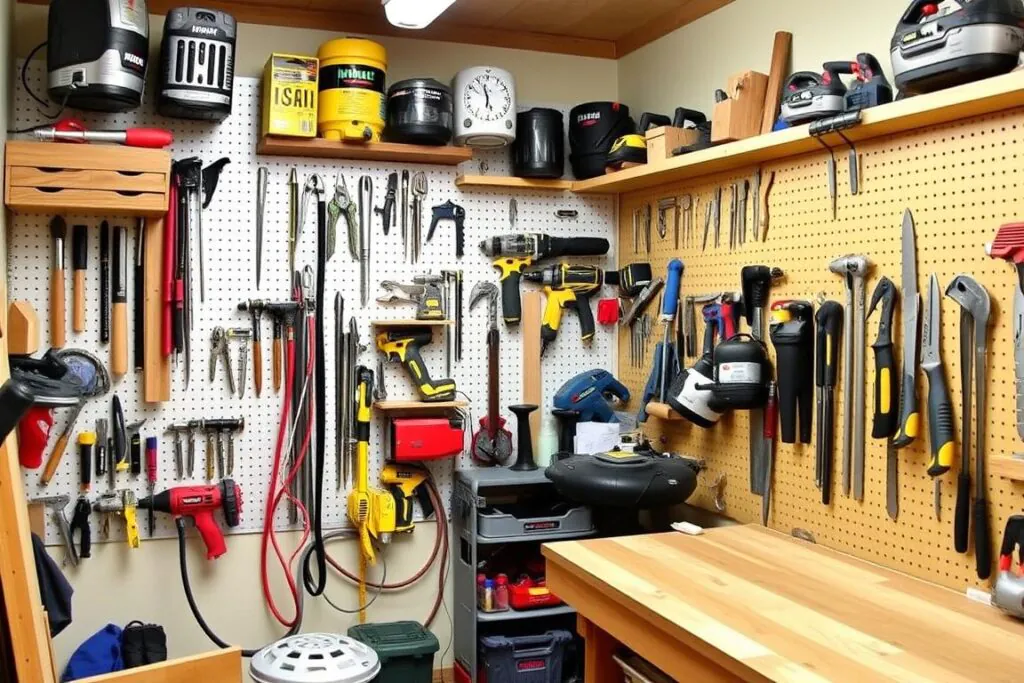 Vertical storage solutions for small shop woodworking showing wall-mounted tool organization
